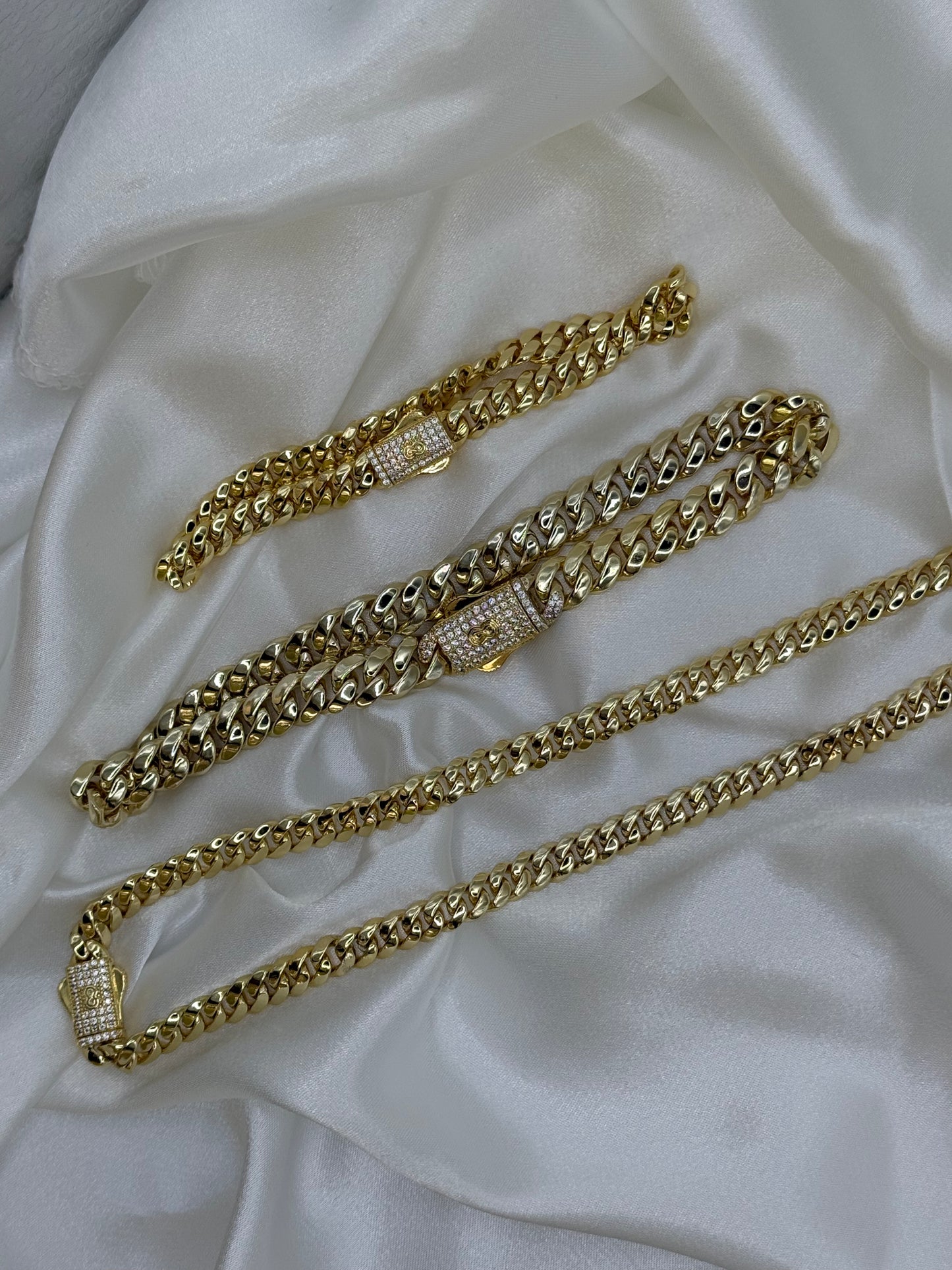 Iced Cuban Link Set – Necklace, Bracelet &amp; Anklet (Brass Gold Finish)