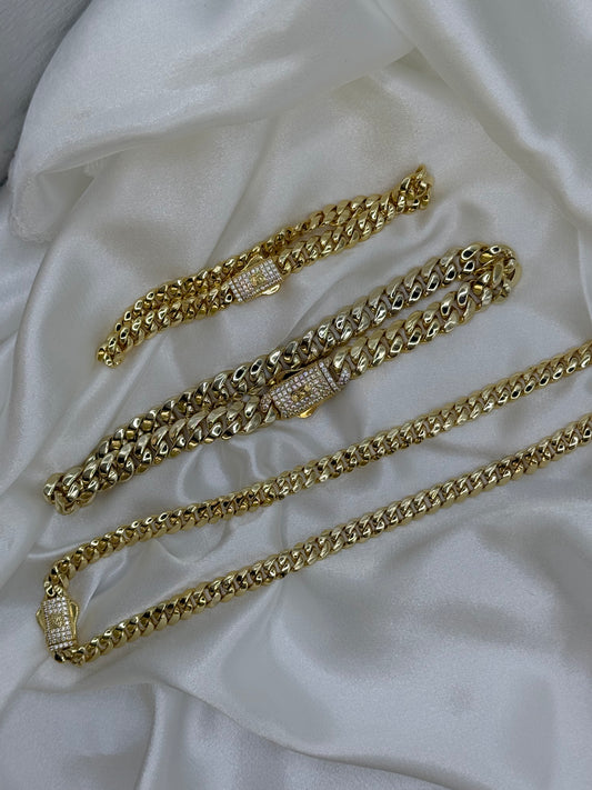 Iced Cuban Link Set – Necklace, Bracelet &amp; Anklet (Brass Gold Finish)
