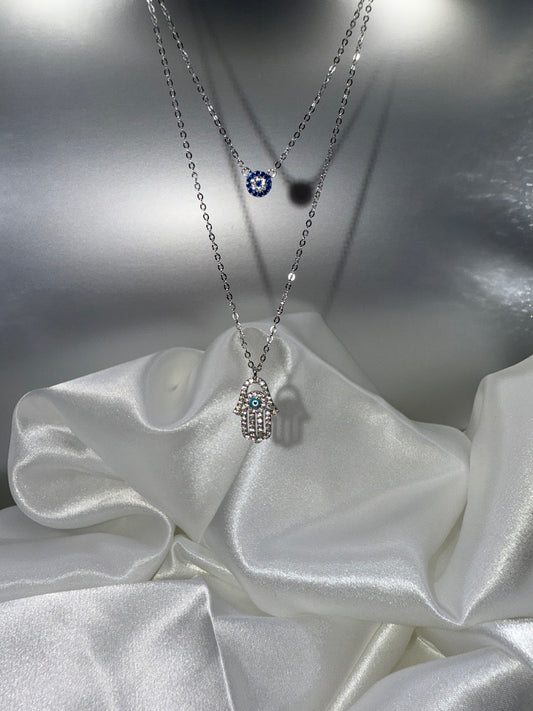 S925 Sterling Silver Hamsa + Evil Eye Layered Necklace